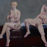 My painting, Lori and Peter, explores a relationship between a woman and a man, age, sensuality, body acceptance, self awareness as well as tattoos as souvenirs. I am currently examining the nude portrait as expression of the true self. Both of my subjects are comfortable nude. I first met them as life drawing models who came to my studio for a traditional session. Lori struck me with her confidence and personality which immediately transcended the task of life model. The painters who inspire me in my figure work and specifically the nude portrait, are Rembrandt, Manet, Pearlstein, and Freud.  I love open, free and expressive brushstrokes which search and then find a contour or define a form. 